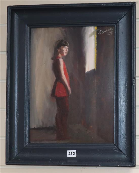 Banbury, oil on board, Girl standing at a window, signed and dated 67, 40 x 30cm